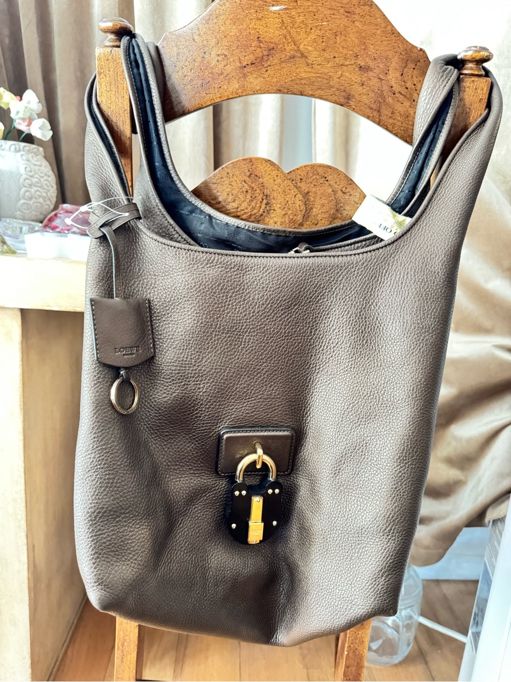 Loewe Pebbled Leather Shoulder Bag in Dark Brown with Gold Hardware
